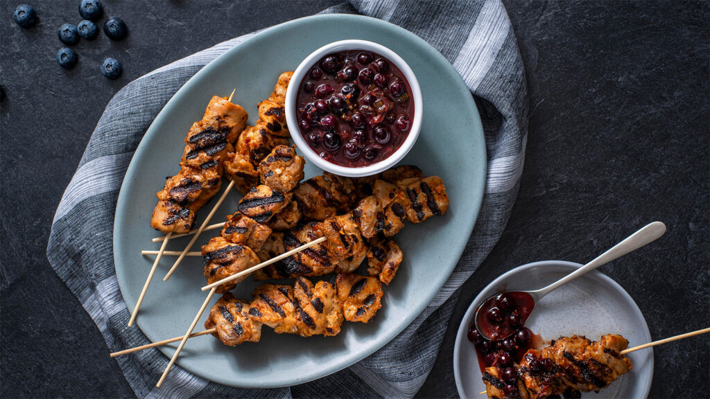 Chicken Satay with Blueberry Ginger Sauce
