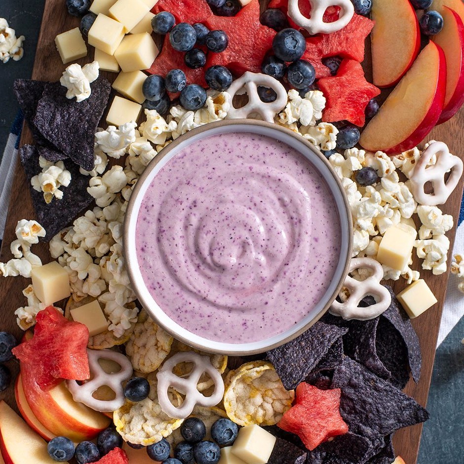 Recipe Image - Blueberry Yogurt Dip Snack Board - SQUARE